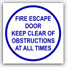 1 x Fire Escape Door Keep Clear Of Obstructions At All Times-87mm,Blue on White-Health and Safety Security Door Warning Sticker Sign-87mm,Blue on White-Health and Safety Security Door Warning Sticker Sign